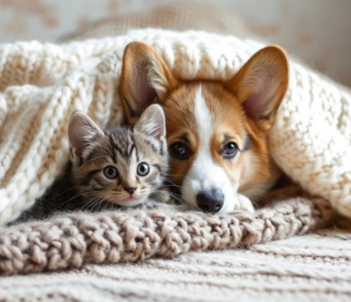 Un chien et un chat sous un pull en laine